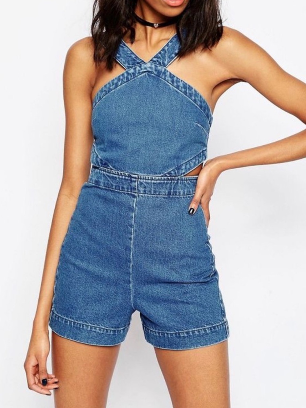 NWOT ASOS Denim Blue Side Cutout Cross Strap Romper Size 10